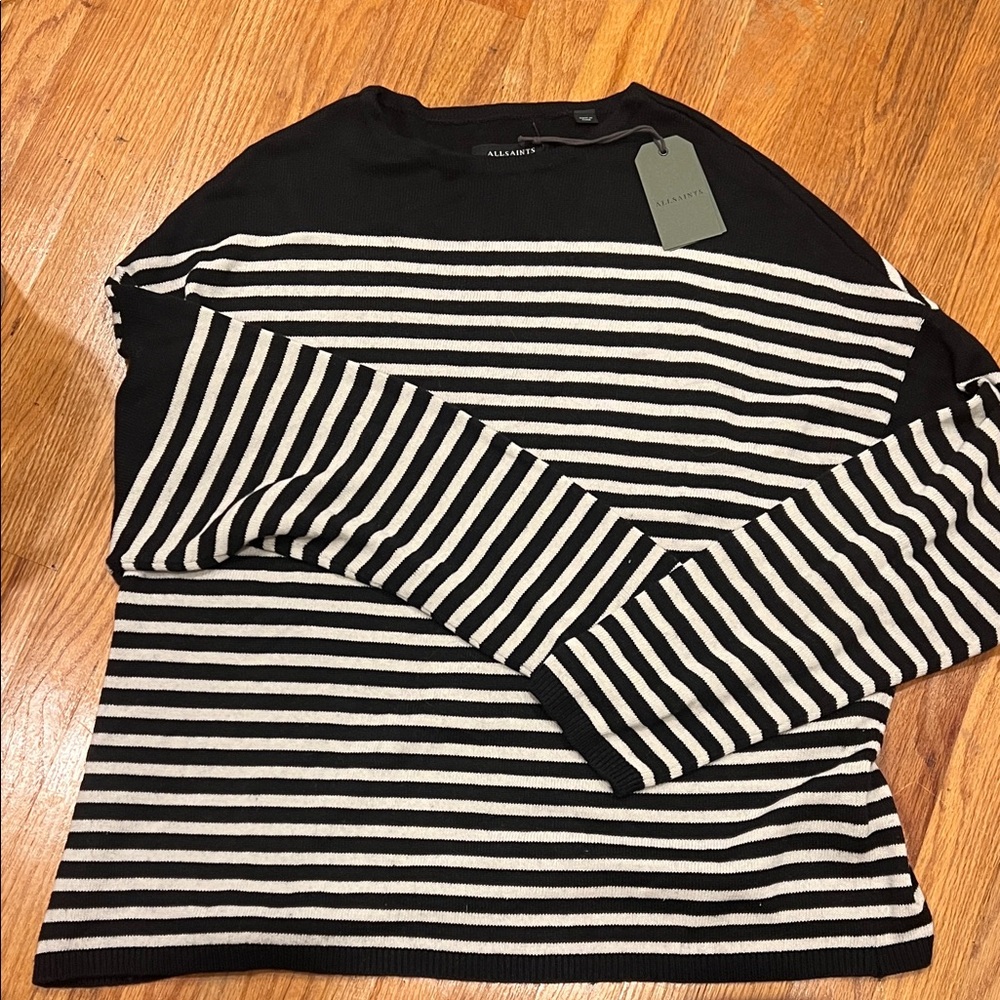 All Saints Black and White Striped Long Sleeve Tee